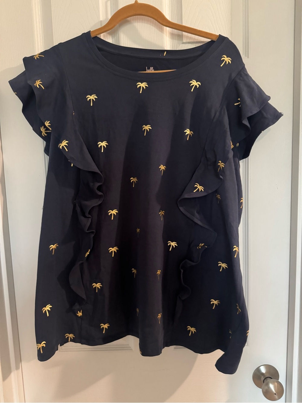Belle Beach  by Kim Gravel 3X Navy Top with Gold Palm Print and Ruffle Trim